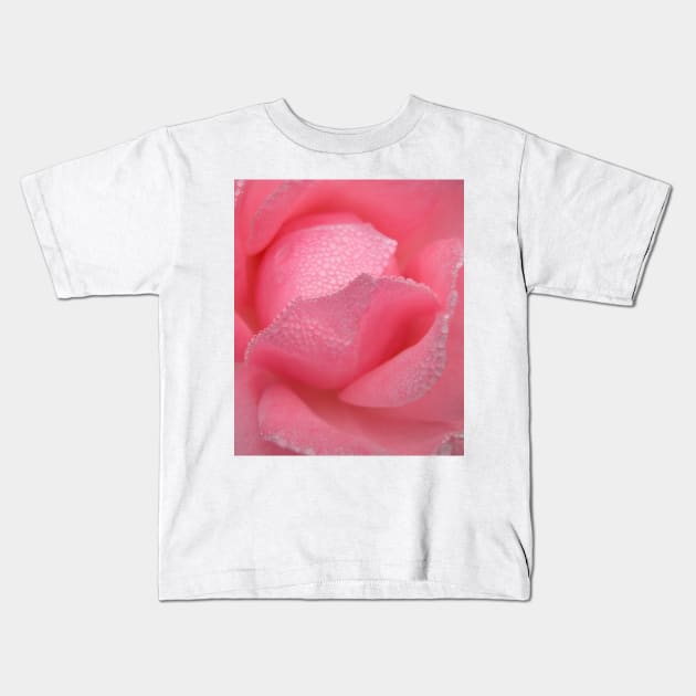 Raindrops Dew on Pink Rose Flower Macro Kids T-Shirt by oknoki